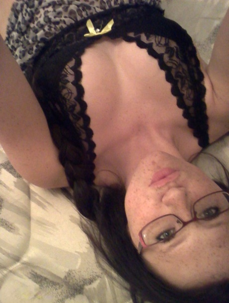 Geeky brunette Freckles 18 touches her hot tits in her solo homemade session