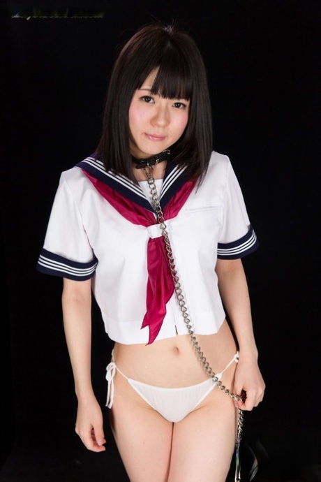 Japanese schoolgirl gets mouth fucked after being led around by a leash