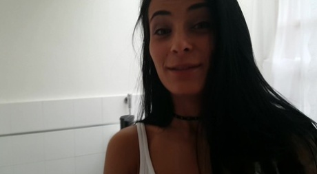 Dark haired teen Lexi Dona sucks off a large cock during POV action