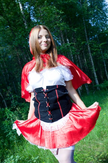 Teen girl Madelyn gets banged by a Panda in Little Red Riding Hood attire