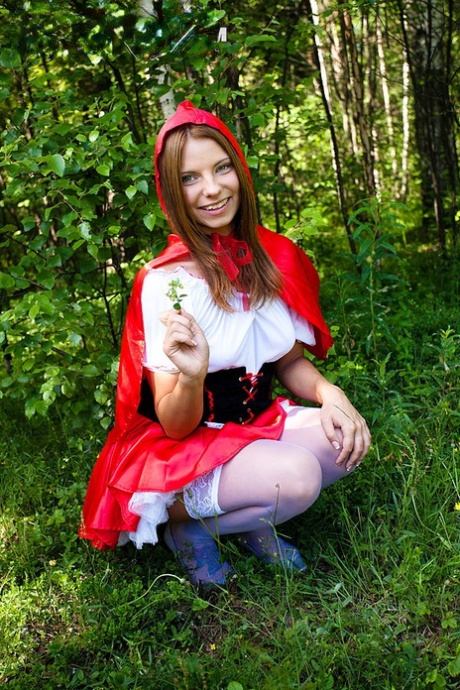 Teen girl Madelyn gets banged by a Panda in Little Red Riding Hood attire