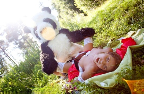 Teen girl Madelyn gets banged by a Panda in Little Red Riding Hood attire