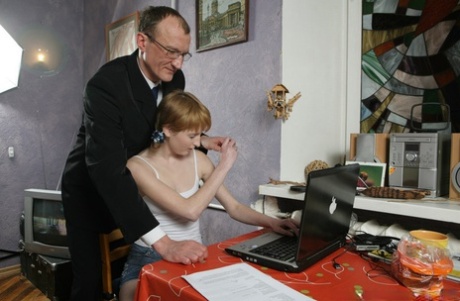 Young redhead gets a passing grade after having sex with her old teacher