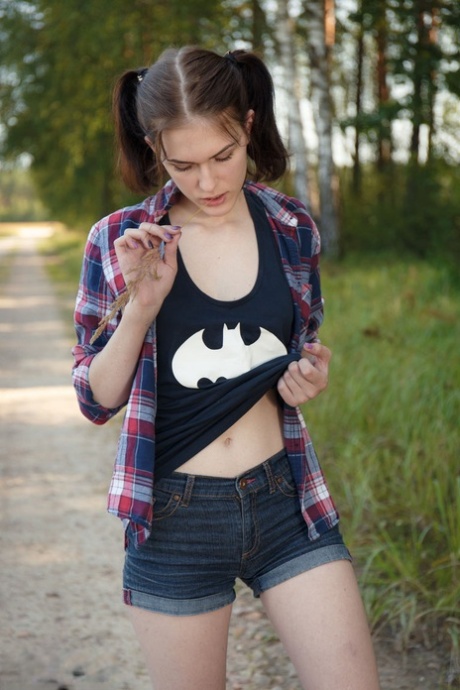 Teen first timer strips totally naked on a dirt road out in the country