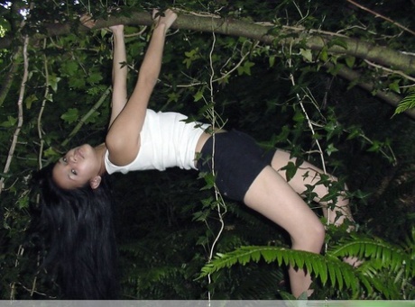 Pretty Indian girl hangs from a tree limb in a tank top and shorts