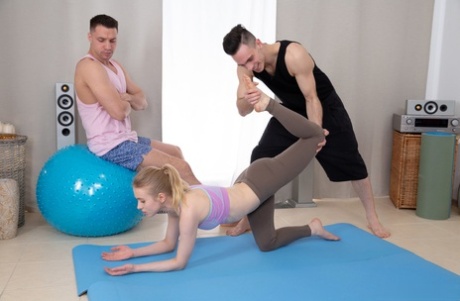 Petite teen Lightfairy gets double fucked and jizzed on a after a yoga session