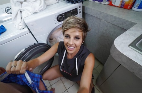 Short haired amateur Mickey Blue giving huge cock a BJ on her knees