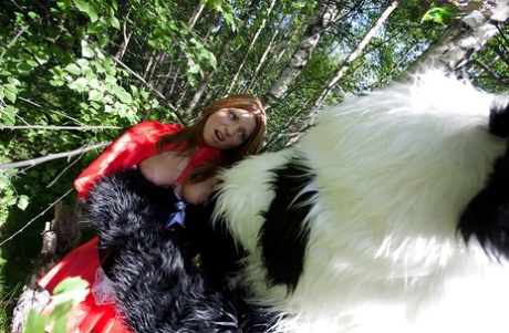 Pretty teen with big tits has a hardcore sex with panda toy outdoor