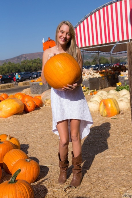 Naughty blonde babe Kenna James flashes an upskirt in panties in public