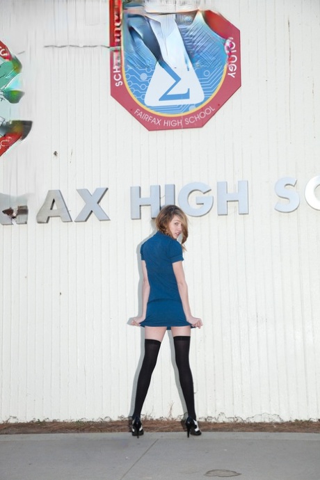 Innocent teen girl Samantha Kaylee flashes her panties outside high school