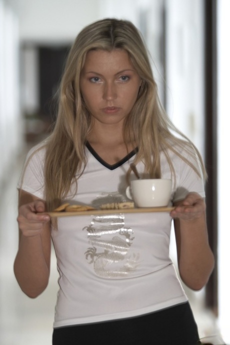 Blonde maid Cherry Jul brings breakfast in bed & gives sleeper hot dream fuck