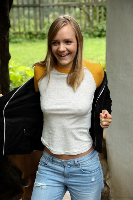 Young blond girls Tiffany Tatum & Lucette Nice undress for each other on patio