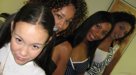 Three ebony MILFs & a pigtailed teen get nude to show hot ass & small breasts