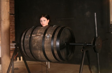 Sexy brunette in a bondage box Goldie giving head to a brutal BDSM handler