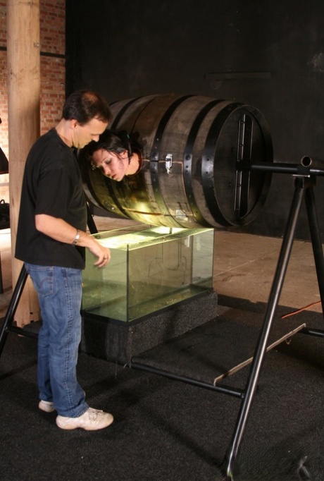 Sexy brunette in a bondage box Goldie giving head to a brutal BDSM handler