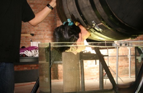 Sexy brunette in a bondage box Goldie giving head to a brutal BDSM handler