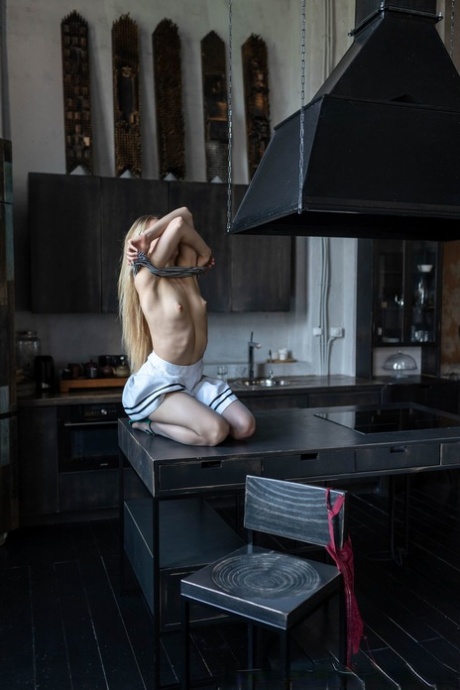 Magnificent blonde Alexia Fox teases with her body in hot kitchen solo
