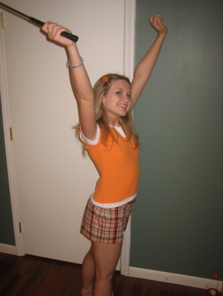 Skinny babe Kitty shows off her sweet teen tits & fingers her shaved pussy