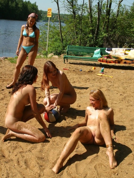 Naughty skinny babes show off their small tits outdoors while naked