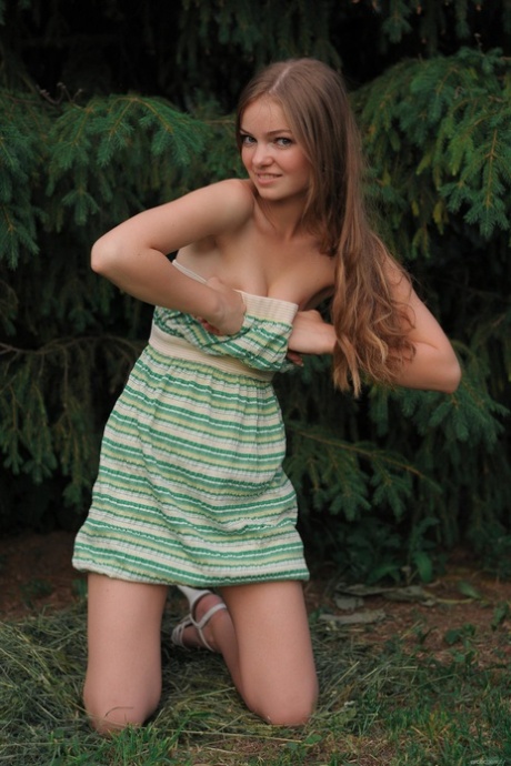 Skinny Bridgit A flashing her tiny tits & an upskirt with no panties outdoors