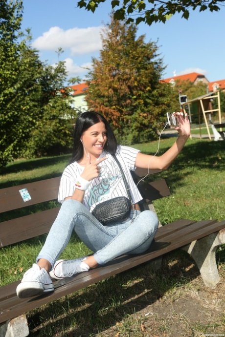 Sexy brunette Evelyn Dellai enjoys outdoor hardcore sex with a hung stranger