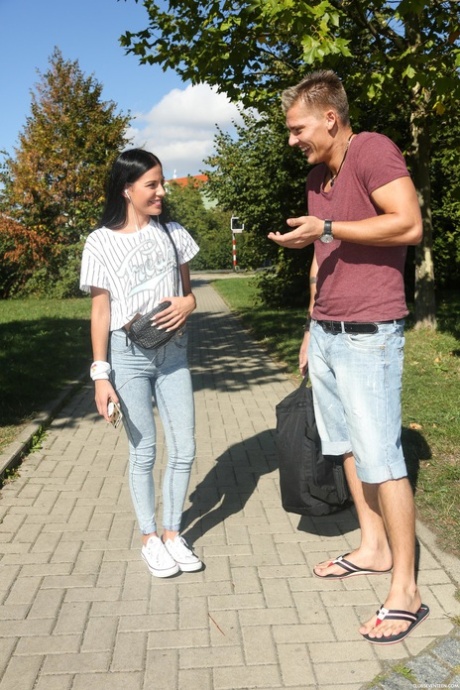 Sexy brunette Evelyn Dellai enjoys outdoor hardcore sex with a hung stranger