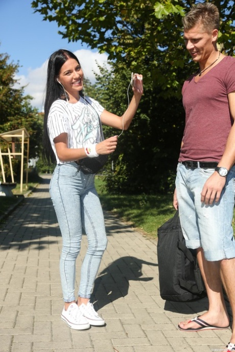 Sexy brunette Evelyn Dellai enjoys outdoor hardcore sex with a hung stranger