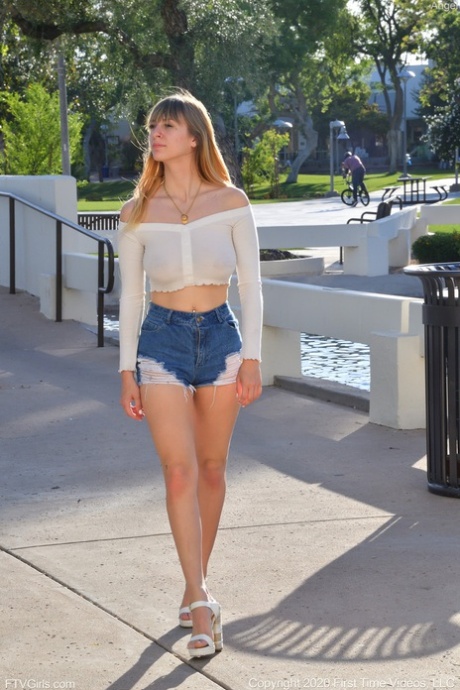Amateur stunner Angel Young flashes her big natural tits & asshole in public
