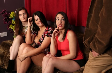 Lovely brunettes play with their girlfriend's father's dick in a CFNM foursome