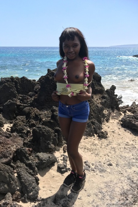 Little Afro-American teen Noemie Bilas shows her tits & choco holes in a solo