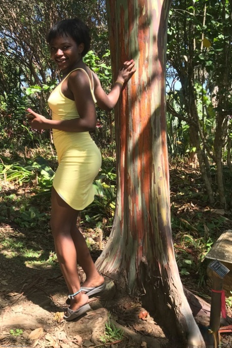 Petite ebony Noemie Bilas exposing her tits, pussy and feet in a solo