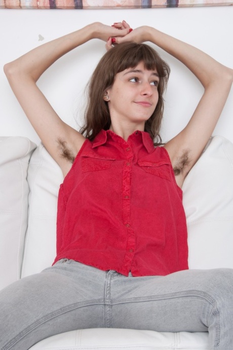 Brunette amateur Willow slowly unveils her hairy pussy and tiny breasts