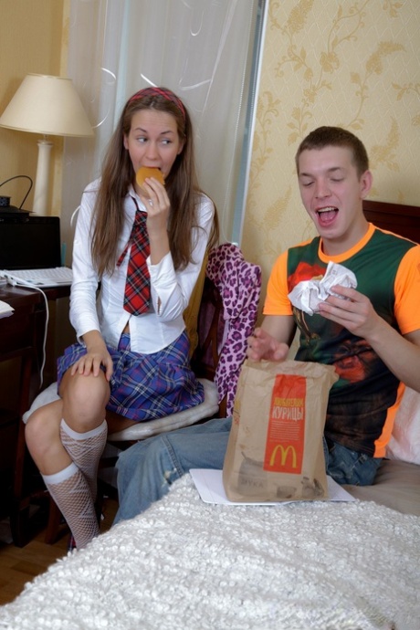 Skinny schoolgirl Mika Lana enjoys hardcore anal sex and takes a facial
