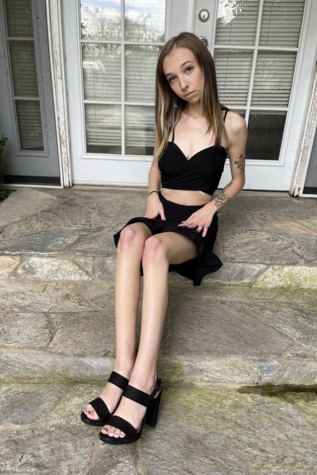 Slender teen with incredible tits Breezy Bri shows her gaping twat up close