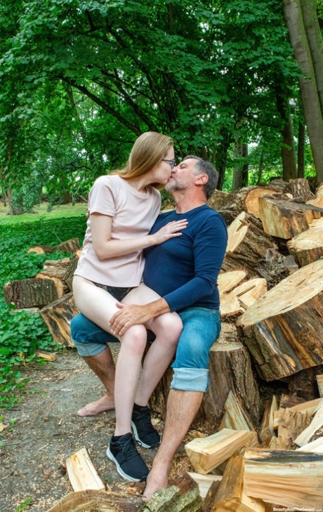 Lustful teen Abela getting fucked hard by an old man outdoors in the woodpile