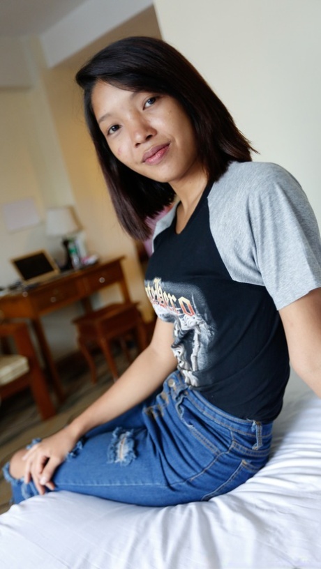 Sweet Asian girl Rona flaunts her small tits & takes a boner in her hairy twat