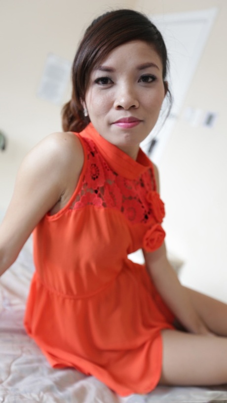 Petite Asian woman Hana poses & strips before getting her hairy twat dicked