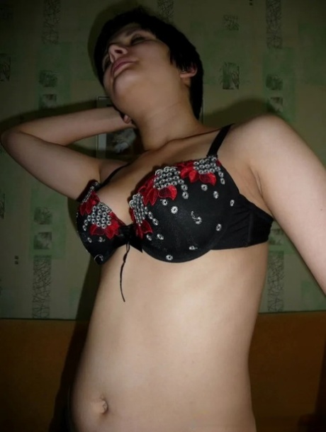 Short-haired babysitter shows her tiny tits & rubs her cunt to get the job