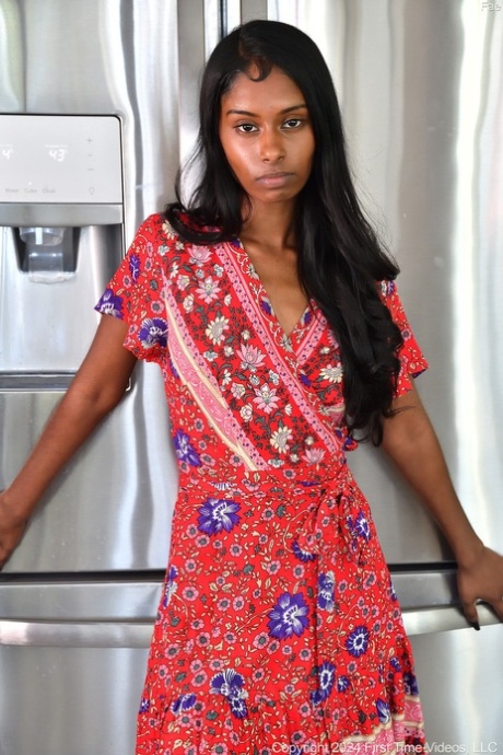 Exotic amateur teen Fae stripping and dildoing her black pussy in the kitchen