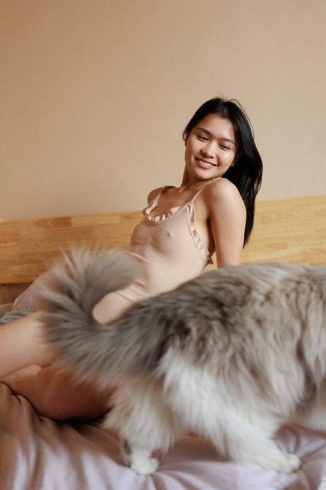 Pretty amateur brunette babe Banana Li posing seductively in a solo